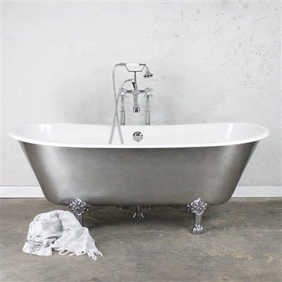 <br>'The Pilton' 68" Cast Iron French Bateau Clawfoot Tub with an AGED CHROME Exterior plus Drain<BR>