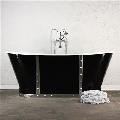 <br>'The Romsey' 68" Cast Iron French Bateau Tub with BLACK Exterior and CHROME Finish Straps<br>