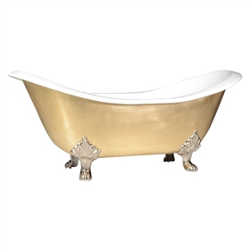 'The Sibton-BB-68' 68" Cast Iron Double Slipper Clawfoot Tub with Brushed Brass Exterior and Drain
