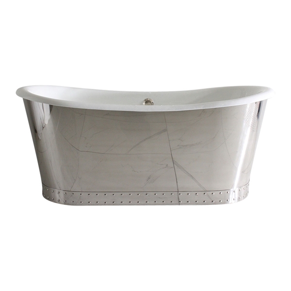 'The Wokingham68' 68" Cast Iron French Bateau Tub with Mirror Polished Stainless Steel Exterior with Riveted Straps and Drain
