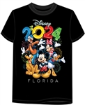 Adult Tee 2024 Party Mickey Minnie Pluto Goofy Donald, Black (Florida Namedrop)