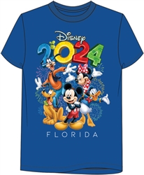Adult Tee 2024 Party Mickey Minnie Pluto Goofy Donald, Royal Blue (Florida Namedrop)