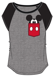 Junior Fashion Contrast Shoulder Top Mickey Pocket, Gray with Black