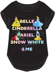Youth Girls Princess Crew Belle Cinderella Ariel Snow White Cuff Sleeve, Black