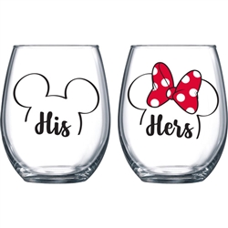 "His" and "Hers" Mickey & Minnie Outline Stemless Glass
