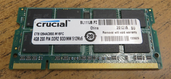 Crucial CT51264AC800.M16FC 4GB PC2-6400S 800MHz 200-Pin Laptop SODIMM Memory. BULK. IN STOCK.