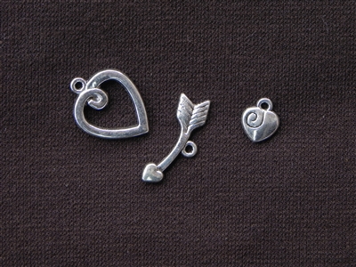 Toggle Clasp Three Piece Heart & Broken Arrow With Side Charm Silver Colored