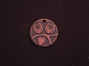 Pendant Antique Copper Colored Round Tag With Twin Owls