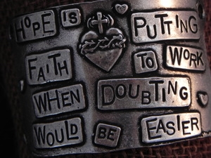 American Pewter Leather Cuff Plate HOPE IS PUTTING FAITH TO WORK WHEN DOUBTING WOULD BE EASIER