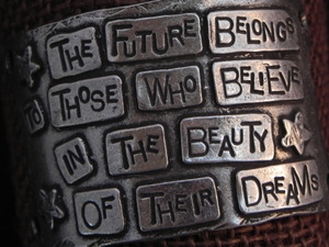 American Pewter Leather Cuff Plate THE FUTURE BELONGS TO THOSE WHO BELIEVE IN THE BEAUTY OF THEIR DREAMS