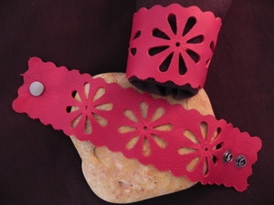 Leather Cuff With Floral Cut Out Pattern Cranberry Red