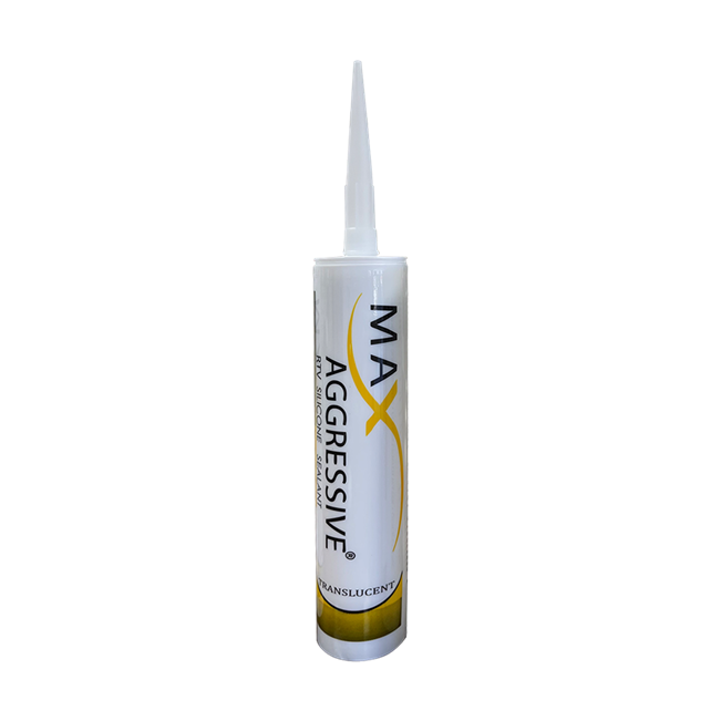 "Max Aggressive RTV Silicone 100% Translucent Box of 24 Units for windows, doors, kitchen, bath, and general construction"