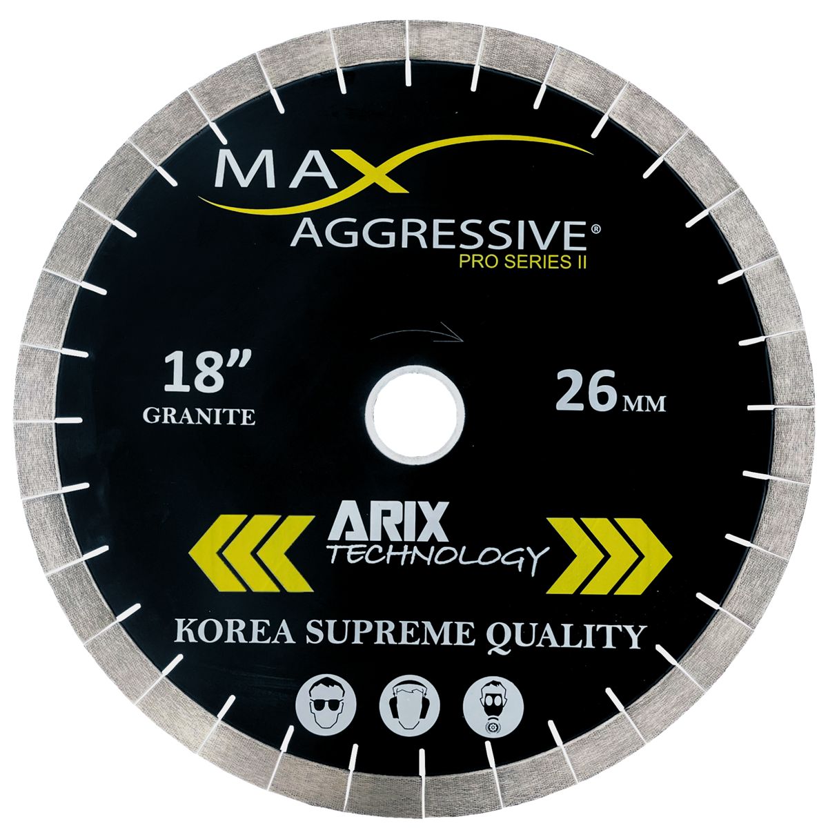 <img src="https://www.webgranitesupplies.com/v/vspfiles/photos/10.13.0012-to-10.13.0017-2T.png?v-cache=1739174630" alt="Max Aggressive G3 Arix Pro-Serie II 26mm Patterned Diamond Blade for precision stone cutting" />