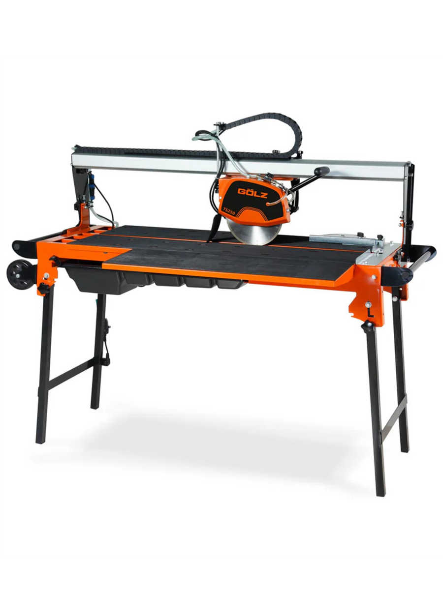 <img src="%%IMAGEURL%%" alt="GOLZ TS250 tile saw with 44.9 inch cutting capacity, 45 degree miter cuts, water pump, and transport wheels">