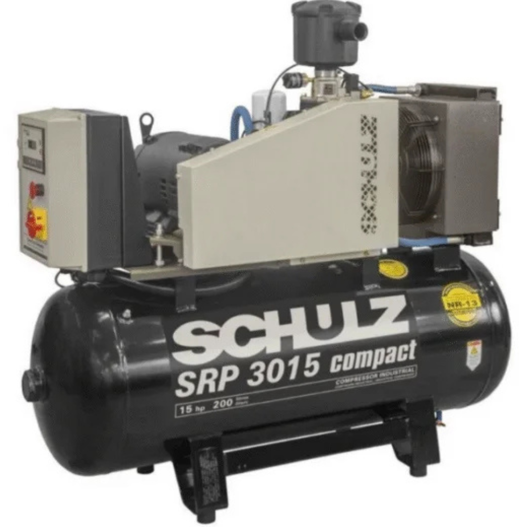 <img src="https://www.webgranitesupplies.com/v/vspfiles/photos/srp-3015-compact-2T.png" alt="Schulz SRP-3015 Compact Rotary Screw Air Compressor with 60-gallon tank, TEFC IP55 motor, automatic starter, and efficient cooling system">