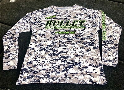Team Bullet Digital Camo Long Sleeve Fishing Jersey With Lime and Black Logos