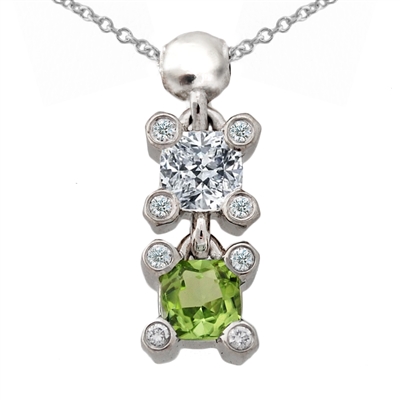 Drop Pendant Square Cushion Cut Peridot & Diamond