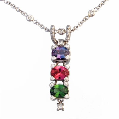 Drop Pendant Alexandrite, Pink Tourmaline, Green Tourmaline, Includes chain 14k Gold