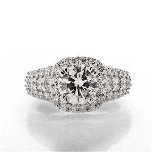 3 Row Cushion Halo Diamond Engagement Ring, 14k Gold