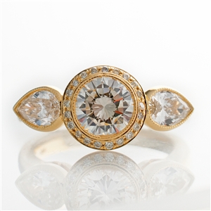 Bezel Three Stone Halo Diamond Engagement Ring with Pear Side Stones