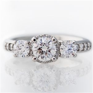Halo Three Stone Diamond Engagement Ring, 25 diamonds, 14k Gold