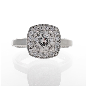 Diamond Halo Beaded Engagement Ring, 14k Gold