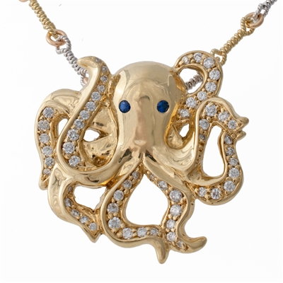 Minerva the Octopus with Diamonds, sapphire, 14k gold