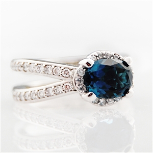 Oval Halo Double Band Diamond Ring Blue Sapphire