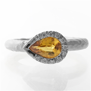 Hammered Pear Bezel Yellow Sapphire Sterling Silver Ring