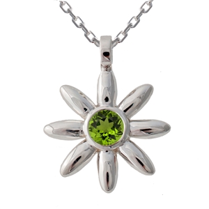 Flower Pendant Diamond (large), Peridot, 1mm cable chain, 14k gold