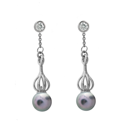 Versa Blue-Grey Pearl Drops with Bezel Diamond Studs