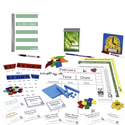 First Grade Complete resources: flashcards, spelling squares, square tiles, a tangram, dice, clock, games, charts with base ten counting pieces, student journal, calendar, spiral-bound, daily planner