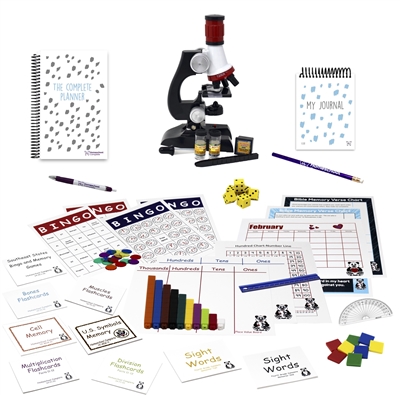 Fourth Grade Complete resources: flashcards, games, microscope, eye dropper, Cuisenaire rods, protractor, ruler, dice, square tiles, charts, a twelve-month calendar,Â a student journal, and a one-year spiral-bound daily planner