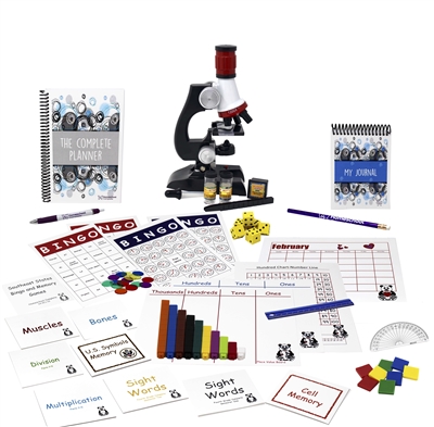 Fourth Grade Secular Homeschool Resource Bundle: flashcards, games, microscope, eye dropper, Cuisenaire rods, protractor, ruler, dice, square tiles, charts, calendar,Â journal, spiral-bound  planner