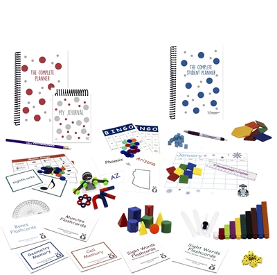 The fifth grade resource bundle includes  flashcards, games, magnet set, eye dropper, test tubes, CuisenaireÂ® rods, pattern blocks, base ten cubes, geosolids, protractor, ruler, dice, square tiles, charts, planners, journal, calendar