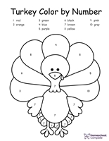 The Turkey Color by Number page teaches number recognition and basic color words.