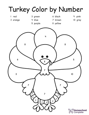 The Turkey Color by Number page teaches number recognition and basic color words.