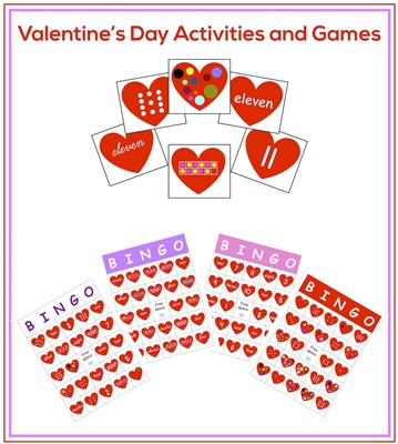 Valentineâ€™s Day Game Bundle includes more than 35 activities and games, 72 game cards, 12 bingo game boards, and bingo markers.