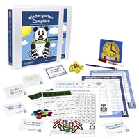 Kindergarten Complete Full Year Bundle contains two teacher's manuals, flashcards, bingo games, memory games, charts, number line, hundred chart, twelve-month calendar, and a spiral-bound planner.