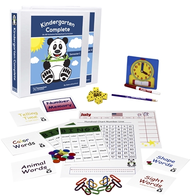 Kindergarten Complete Full Year Secular Bundle contains two teacher's manuals, flashcards, bingo games, memory games, number line, hundred chart, twelve-month calendar.