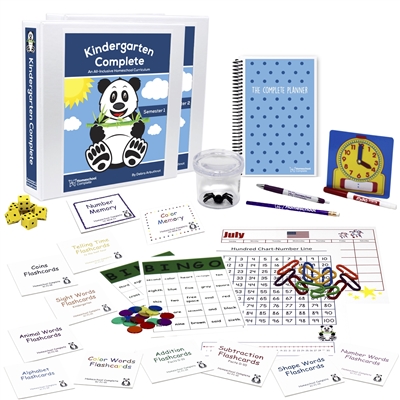 Kindergarten Complete Secular Deluxe Bundle includes teacher's manuals, flashcards, bingo games, memory games, base ten counting pieces, number line, hundred chart, twelve-month calendar, spiral-bound planner.