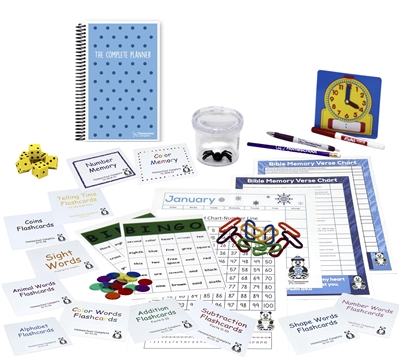Kindergarten Complete resources: ten sets of flashcards, a bingo game, two memory games, three charts, a twelve-month calendar, colorful plastic links, dice, bug catcher with magnifying lens, clock and dry-erase marker, pencil, pen, and a one-year planner