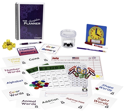 Kindergarten Complete resources include ten sets of flashcards, a bingo game, two memory games, a twelve-month calendar, colorful plastic links, dice, bug catcher with magnifying lens, clock and dry-erase marker, pencil, pen, and a one-year planner