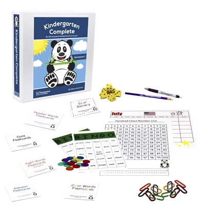 Kindergarten Complete Semester One Secular Bundle includes a teacher's manual, flashcards, bingo games, memory games, charts base ten counting pieces, number line, hundred chart, twelve-month calendar.