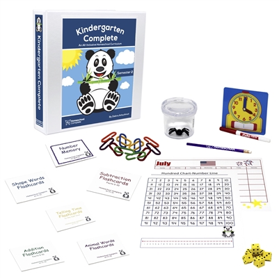 Kindergarten Complete Semester Two Secular Bundle includes a teacher's manual, flashcards, bingo games, memory games, number line ,hundred chart, twelve-month calendar.