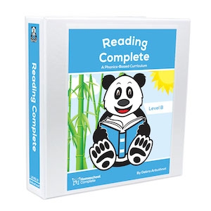 Reading Complete Teacherâ€™s Manual Level B includes the student workbook pages. The daily step-by-step lessons include flashcard activities, a worksheet used for teaching new skills, oral reading, games, and independent written practice.