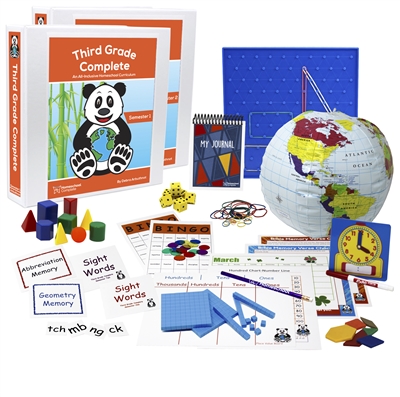 The Third Grade Complete Full Year Bundle includes the teacher's manual, student workbook, flashcards, spelling squares, bingo games, pattern blocks, globe, clock, dice, geoboard, geosolids, memory games, charts, base ten counting pieces, and calendar.