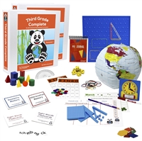 The Third Grade Complete Full Year Secular Bundle includes the teacher's manual, student workbook, flashcards, spelling squares, bingo games, pattern blocks, globe, clock, dice, geoboard, geosolids, memory games, base ten counting pieces, and calendar