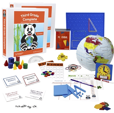 The Third Grade Complete Full Year Secular Bundle includes the teacher's manual, student workbook, flashcards, spelling squares, bingo games, pattern blocks, globe, clock, dice, geoboard, geosolids, memory games, base ten counting pieces, and calendar