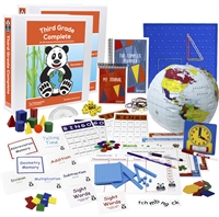 The Third Grade Complete Deluxe Bundle includes the teacher's manuals, student workbooks, flashcards, spelling squares, bingo games, pattern blocks, globe, clock, dice, geoboard, geosolids, square tiles, memory games, charts, calendar, and daily planner.